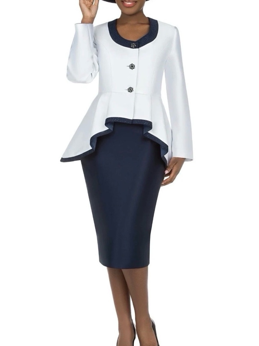 Elegant White & Navy Peplum Pencil Skirt Set